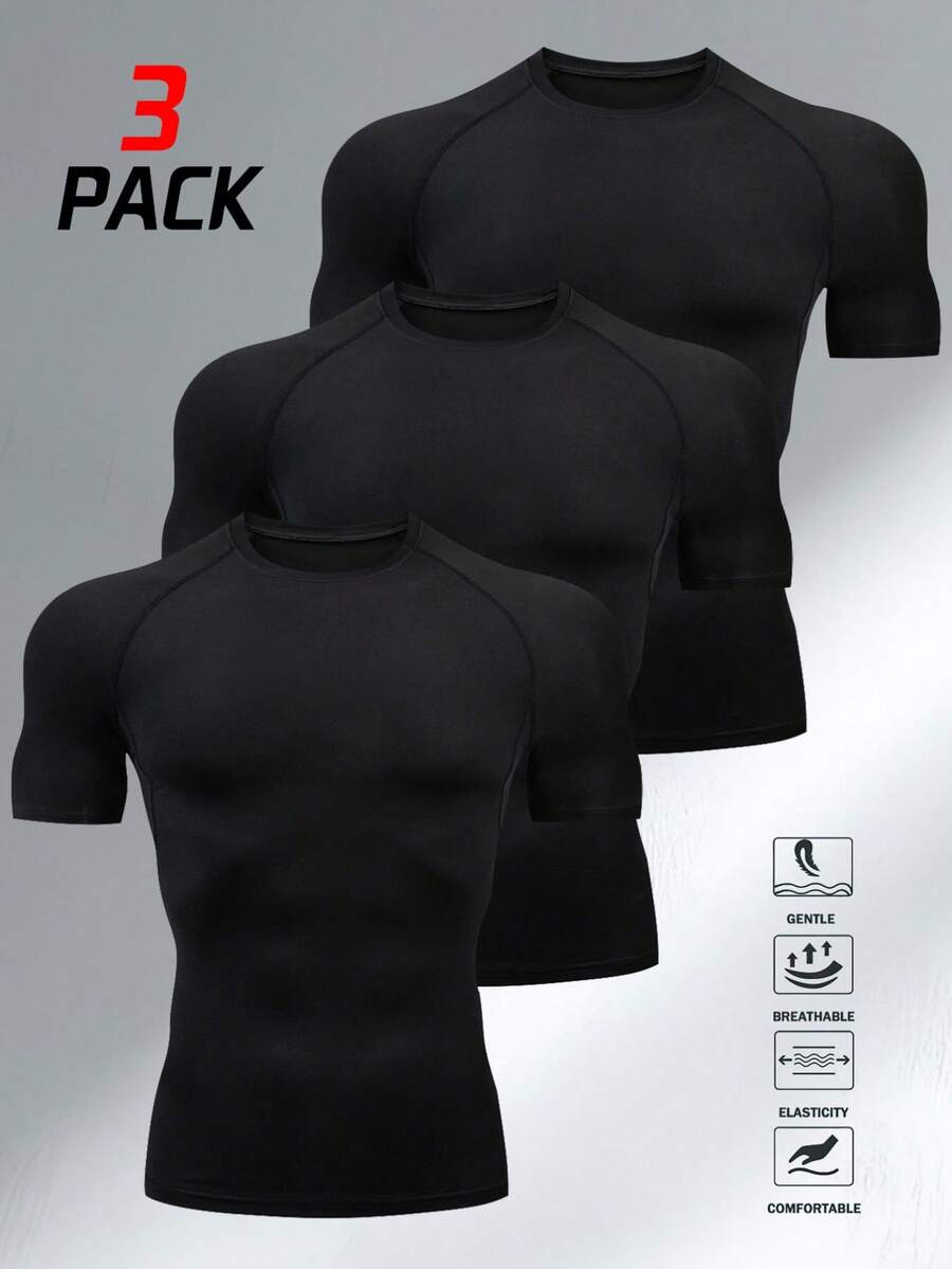 3pcs Men's Compression Short Sleeve Shirts, Breathable Quick Dry Base Layer Tight Fit Sports T-Shirts, High Elastic Solid Color Crew Neck Tops, Suitable For Gym, Running, Casual And Outdoor Activities Black Summer - Black - View 1