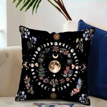 TOPSSCTR 1件黑色主题抱枕套，饰有月亮、星空和花卉图案，神秘装饰枕套，17.7英寸/45厘米复古黑色方形抱枕套，花朵、月亮和猫咪印花枕套，适用于家居书房、办公室装饰（不含枕芯） - 黑色 - 查看 5