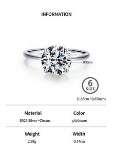 1枚925纯银奢华闪亮圆形立方氧化锆戒指，可选1克拉、2克拉或3克拉，女士结婚订婚礼物，新娘首饰