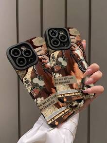 1pc Newspaper Collage Skull & Horse Pattern Textured Anti-Slip Anti-Drop Soft Leather Phone Case, Compatible With Apple And Galaxy 17/17AIR/17PRO/17PROMAX - Multicolor - View 4