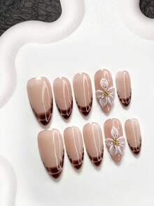 10pcs Minimalist Nude Color French Manicure Nail Stickers, Elegant White Flower Nail Art Decals, Brown Nail Polish, 3 Sizes Available: Almond, Duck Mouth, Coffin Shape, Comes With Nail Tools (1 Jelly Sticker + 1 Nail File), Suitable For Party, Gathering, Daily Wear Nails Nail Supplies - 彩色 - 查看 16