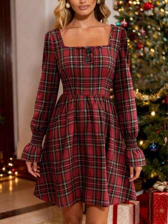 Women's Casual Plaid Ruffle Sleeve Dress, Autumn