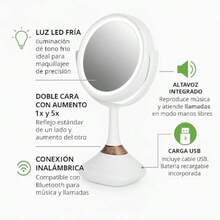 COMERLIV Espejo  con Luz LED Aumento 5X y Bocina Bluetooth - Vanity Mirror Redondo Recargable con Carga USB y Luz Blanca Doble Anillo para Tocador o Baño Portátil y Elegante Color Blanco - Blanco - Ver 4
