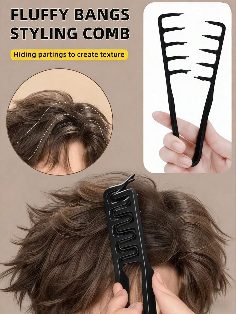 New Fluffy Wide-Tooth Styling Comb - Fluffy Texture, For Men, Made Of ABS Plastic With Textured Handle, Suitable For All Hair Types, Essential For Home, Back To School, Travel & Vacation, Can Create Smooth Backcombed Hairstyles