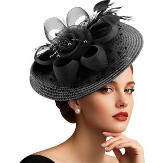 Fascinador sombrero con flor, malla y plumas con diadema y clip de 20 cm, tocado para fiesta de té para mujeres