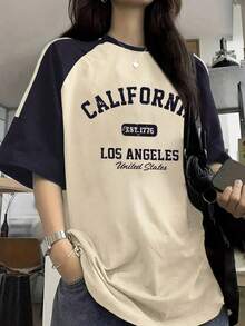 少女字母图案印花圆领短袖T恤 - 杏色 - 查看 9