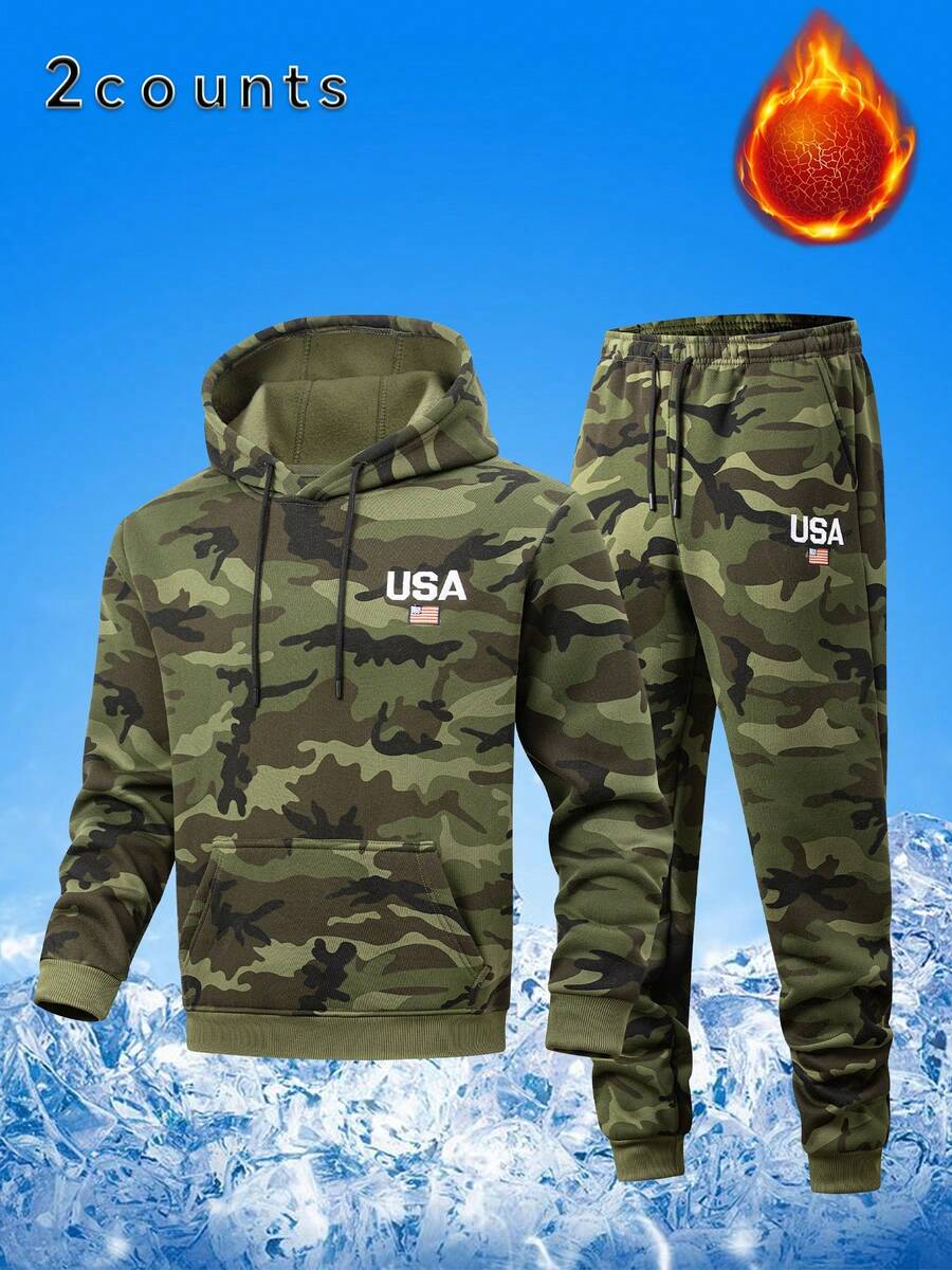 Two Pieces Men's Camouflage Hooded Long-Sleeve Sweatshirt And Pants Set, A Casual And Stylish Outdoor Outfit, Suitable As A Gift. - Multicolor - View 1