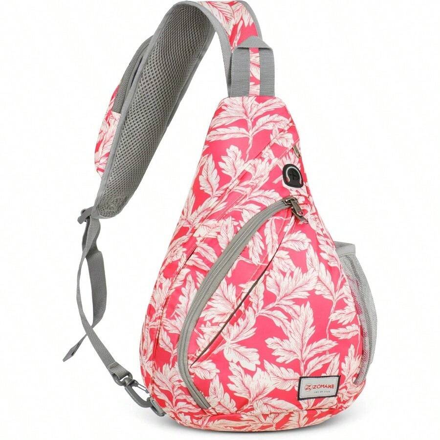 ZOMAKE Sling Bag Waterproof - Stylish Crossbody Bag With Adjustable Shoulder Strap Lightweight Small Backpack Chest Daypack For Travel Cycling Work Sport Hiking Gym Cruise - FushciaWhiteLeaf - View 1