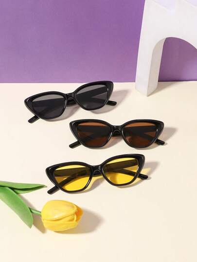 3副男女童4-8岁聚碳酸酯休闲复古猫眼时尚黑色眼镜，适合户外活动，带眼镜盒