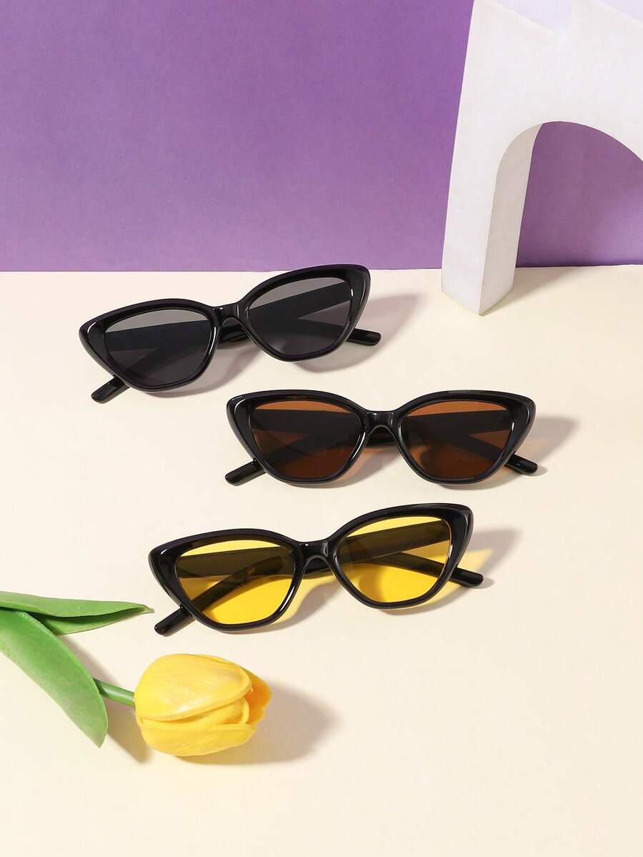 3副男女童4-8岁聚碳酸酯休闲复古猫眼时尚黑色眼镜，适合户外活动，带眼镜盒 - 彩色 - 查看 1