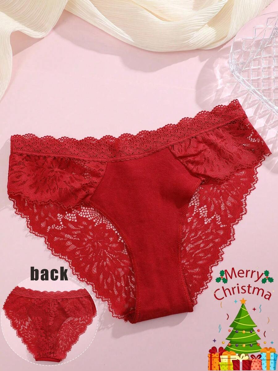 Women's Red Christmas & New Year Lace Pattern Patchwork Comfortable Sexy Briefs