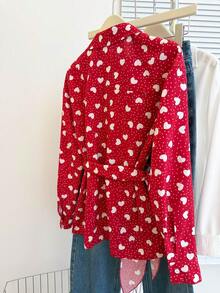 优雅裹身系带蝴蝶结长袖衬衫，修身款，红色爱心设计，适合情人节、通勤、春夏穿着。 - 紅色 - 查看 4