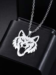 1pc Fierce Crown Lion Stainless Steel Necklace - Silver - View 2