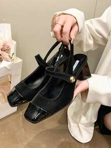 Sandali chiusi da donna taglie forti, stile Mary Jane con tacco chunky, adatti per abiti, ragazze adolescenti - nero - Visualizzare 3