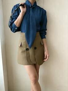 Áo sơ mi cổ buộc dây cỡ lớn mùa xuân 2026, áo sơ mi công sở tay dài dáng rộng, màu trơn thanh lịch, thích hợp mặc hàng ngày, đi học, du lịch. - Màu xanh lam - Xem 1