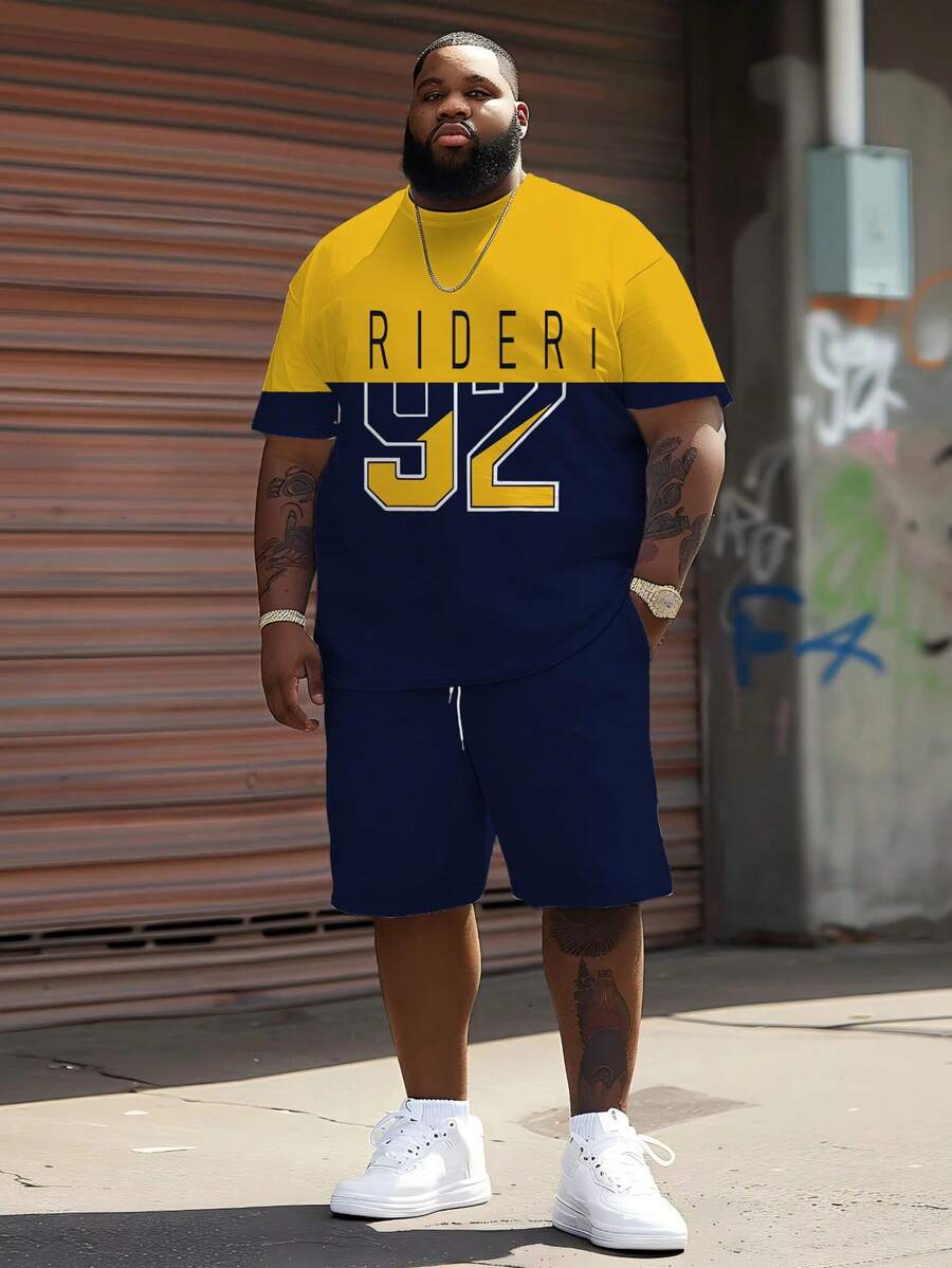 2pcs/Set Plus Size Men's Street Style Set, Yellow & Blue Contrast, RIDER 92 Numeric Print Short Sleeve T-Shirt + Shorts, American Casual Cool - Royal Blue - View 1