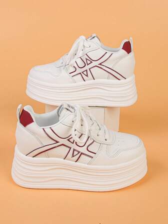 Women's Platform Wedge Sneakers, Colorblock Sporty Casual Outdoor Lace-Up Round Toe Fashion Versatile Height Increasing Shoes, Suitable For Spring/Autumn