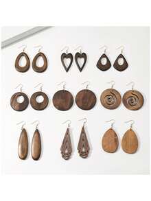 9 Pairs/Set Casual Unique Personalized Wooden Earrings Women's Earring Set Hollow Water Drop Heart Rhombus Round Hollow Geometric Design Solid Wood Earrings Women's Fashion Jewelry - Coffee Brown - View 12