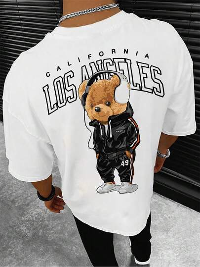 男士圆领短袖休闲小熊印花T恤，简约设计，适合日常穿着，夏季款