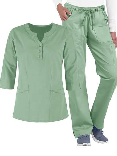 طقم ملابس نسائية عصرية مكون من قطعتين، ملابس علوية رقبة على شكل حرف V وبنطال خصر مطاطي، ملابس عمل كاجوال للممرضات في المستشفى، بزي موحد مريح وقابل للغسيل