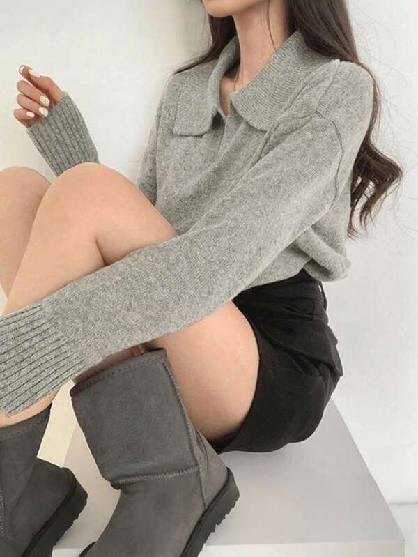 V-Neck Collared Loose Knit Sweater For Women, Autumn/Winter