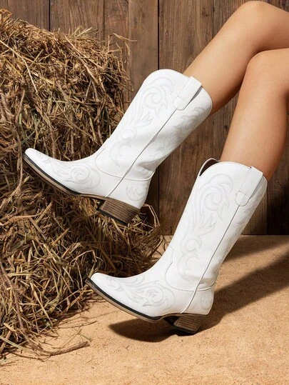 Women's Fashionable Western Boots Slip-On Waterproof Mid-Calf Boots For Parties & Proms