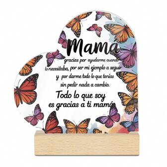 Putuo Decor 1Pc Cherished Mom Heart-Shaped Acrylic Sign With Wooden Base - Perfect Gift For Mother's Day & Birthdays, Ideal For Home & Farmhouse Decor, Spanish, Table Decor, Desktop Decoration