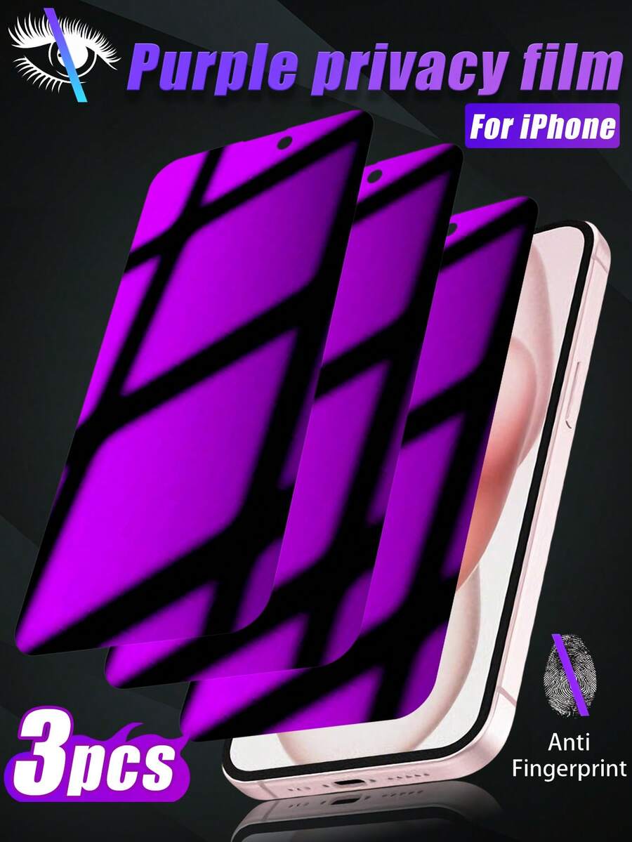 3pcs Anti-Spy Tempered Glass Screen Protector, Purple, Blue Light Blocking, Privacy Protection, Anti-Fingerprint, Water-Resistant, Compatible With IPhone 11/12/13/14 Pro Max, 15 Pro Max, 16/16 Plus/16 Pro/16 Pro Max/16e, 17/17 Air/17 Pro/17 Pro Max Screen Protection Essentials, Applicable To Daily Shield, Office, Home Daily Shield Office Home Phone Screen Protector Phone Accessories Privacy Screen Protector Waterproof Shockproof Anti-Fall Scratch Resistant - Purple - View 1