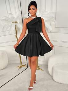 AIJ Robe mini en satin à une épaule pour femmes, automne-hiver, Noël - Nœud à la taille, large forme A, couleur unie - Style sexy pour cocktail, dîner et danse