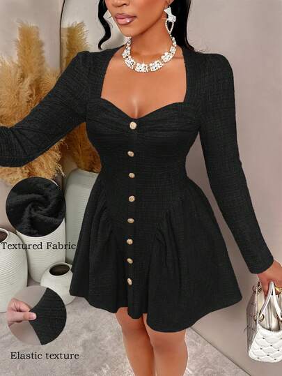 AIJ Amarilo Women's Autumn/Winter Outing Date Gathering Square Neck Long Sleeves Cup-Supported Waist-Defining Decorative Buckle Solid Colour Mini Dress