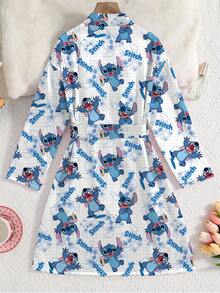 Disney Tween Girls Stitch Series Cartoon Plaid Print Comfortable Cotton Flannel Long Sleeve Robe For Tween Girls Silk-Like Soft & Breathable Fabric, Suitable For All Seasons Loungewear