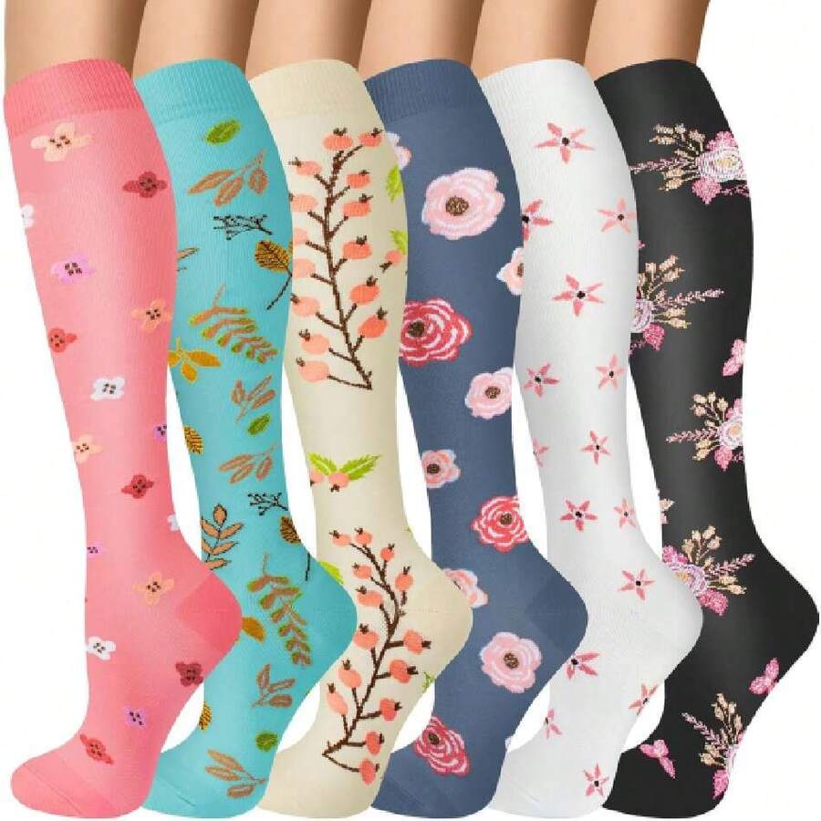 6 Pairs Compression Socks For Women Men 20-30hg Graduated Support Knee High Socks For Nurse Travel Flight,36065341 - 粉色 - 查看 1