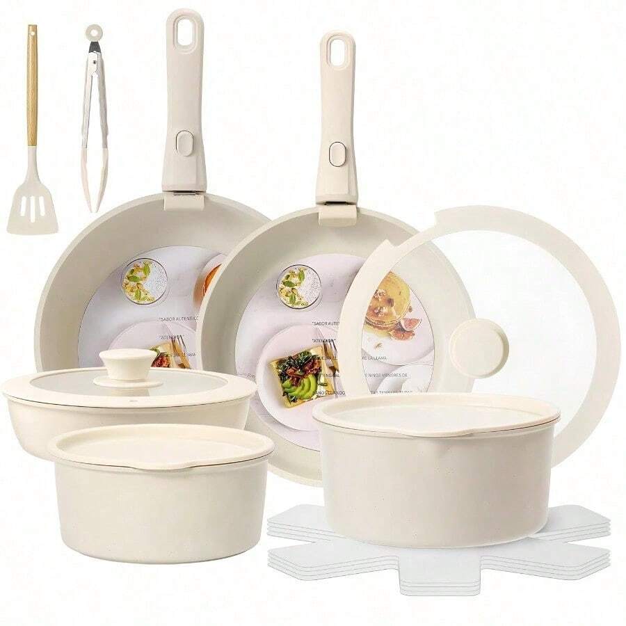 Sartenes Antiadherentes Juego de 15 Ollas Juego de Sartenes con Mango Desmontable Batería de Cocina Apto para Lavaplatos Y Horno Blanco - Multicolor - Ver 1