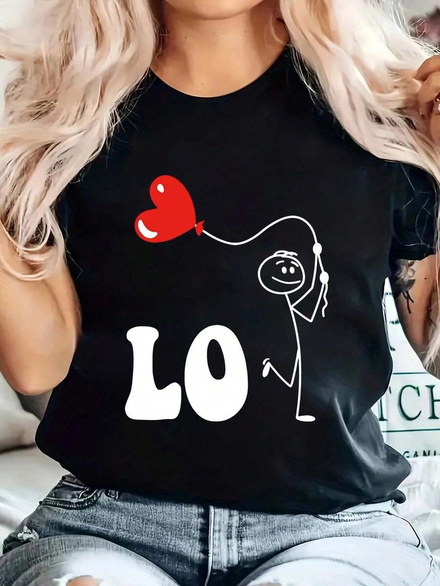Camiseta de Cuello Redondo A31320 Hecha de Fibra de Poliéster con Patrón de Letras en Estilo Casual. - Negro - Ver 1