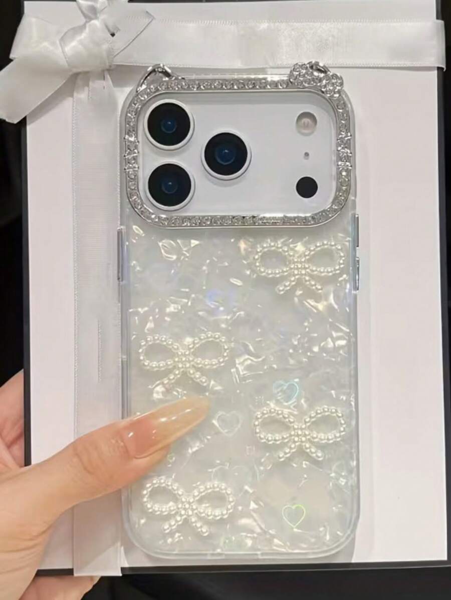 3D Pearl Bow Shell Pattern Rhinestone Cat Ear Protective Phone Case, Suitable For IPhone 17 15 16 14 13 12 Pro Max 14 15 16 Plus 11 17 15 13 16, Shock-Resistant Frame Back Cover