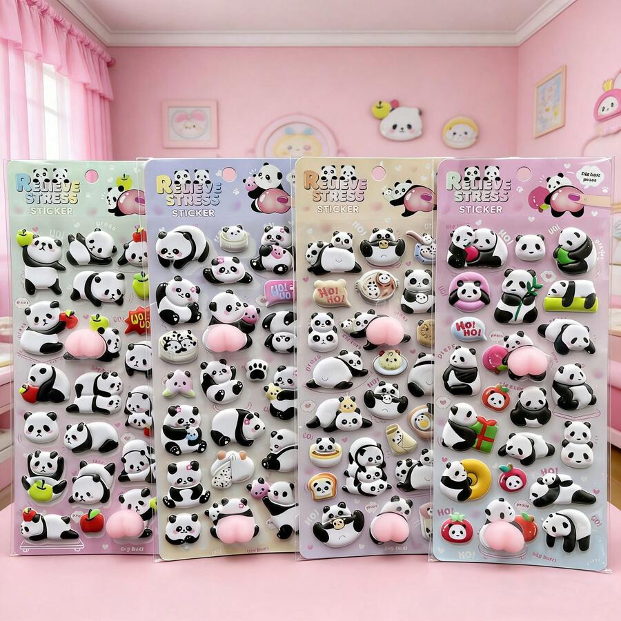 Hình dán gấu trúc 3D với họa tiết bong bóng, hình dán động vật dễ thương cho trẻ em, hình dán khen thưởng cho trẻ mẫu giáo.