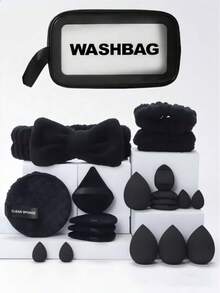 21pcs Facial Care Set Includes Waterproof Toiletry Bag + 8 Makeup Sponges (8 Teardrop/Round/Cone) | Waterproof Wrist Bands 1 Pair + Bow Headband | Tiered Storage Design | Hair Wrap & Facial Cleansing Tool Set