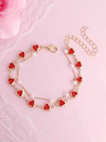 1pc Elegant Red Heart & Faux Pearl Double Layer Bracelet, Versatile Fashion Jewelry Suitable For Daily Wear, Valentine's Day, Celebrations, Birthday, New Year - Multicolor - View 1