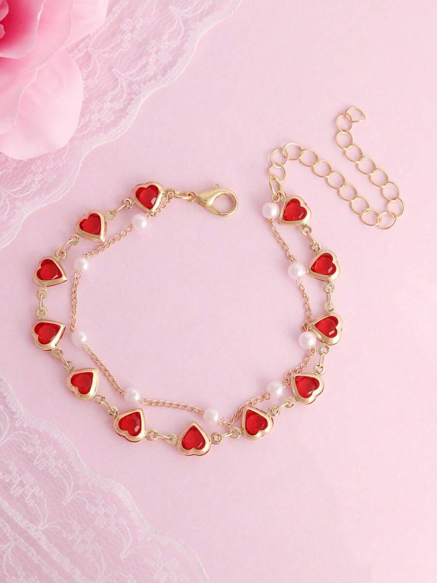 1pc Elegant Red Heart & Faux Pearl Double Layer Bracelet, Versatile Fashion Jewelry Suitable For Daily Wear, Valentine's Day, Celebrations, Birthday, New Year - Multicolor - View 1