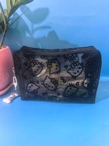 1pc Sanrio KT Cat Cute Flocked & Mesh Portable Cosmetic Bag, Large Capacity Makeup Pouch For Travel & Touch-Up