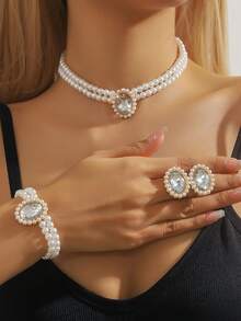 4pcs Women's Faux Pearl & Oval Crystal Jewelry Set (Necklace + Bracelet + Earrings) - Elegant Evening Jewelry