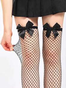1双性感蝴蝶结过膝网眼长筒袜，适合搭配迷你裙，舒适袜子 - 黑色 - 查看 5