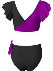 Women Ruffle High Waisted Swimsuit Two Piece V Neck Swimsuit Push Up Bathing Suit - Purple - View 4