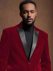 2026 Men's Casual Blazer & Pant Set  Men's 2 Piece Velvet Suit Peak Lapel One Button Slim Fit Tuxedo Blazer Party Dinner Jacket & Pants Relaxed Stretch Fit For Smart Casual Events - 紅峰翻領 - 查看 3