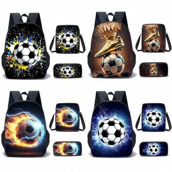 Tredelad fotbollsmönstrad studentryggsäck 15", lätt utomhusryggsäck för pojkar, tredelad kombination av skolväska, axelremsväska och pennväska