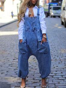 Women's Denim Multi-Pocket Baggy Jumpsuit Overalls: Wide-Leg Relaxed Fit With Drawstring Cuffs - Versatile For Daily Outings, Commute, Travel & Dates - 藍色 - 查看 2