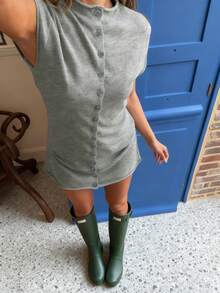 Women's Knitted Short Sleeve Button Detail Cropped Sweater Dress, Elegant Casual Outfit - Light Grey - View 1