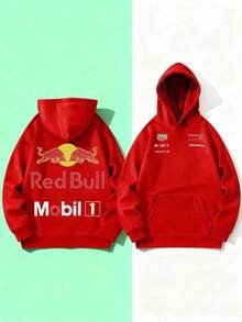 Unisex "Red Bull Racing X Mobil 1" F1 Team Print Hooded Sweatshirt With Pockets - Comfortable And Soft For Autumn/Winter Streetwear2026 - Red - View 1