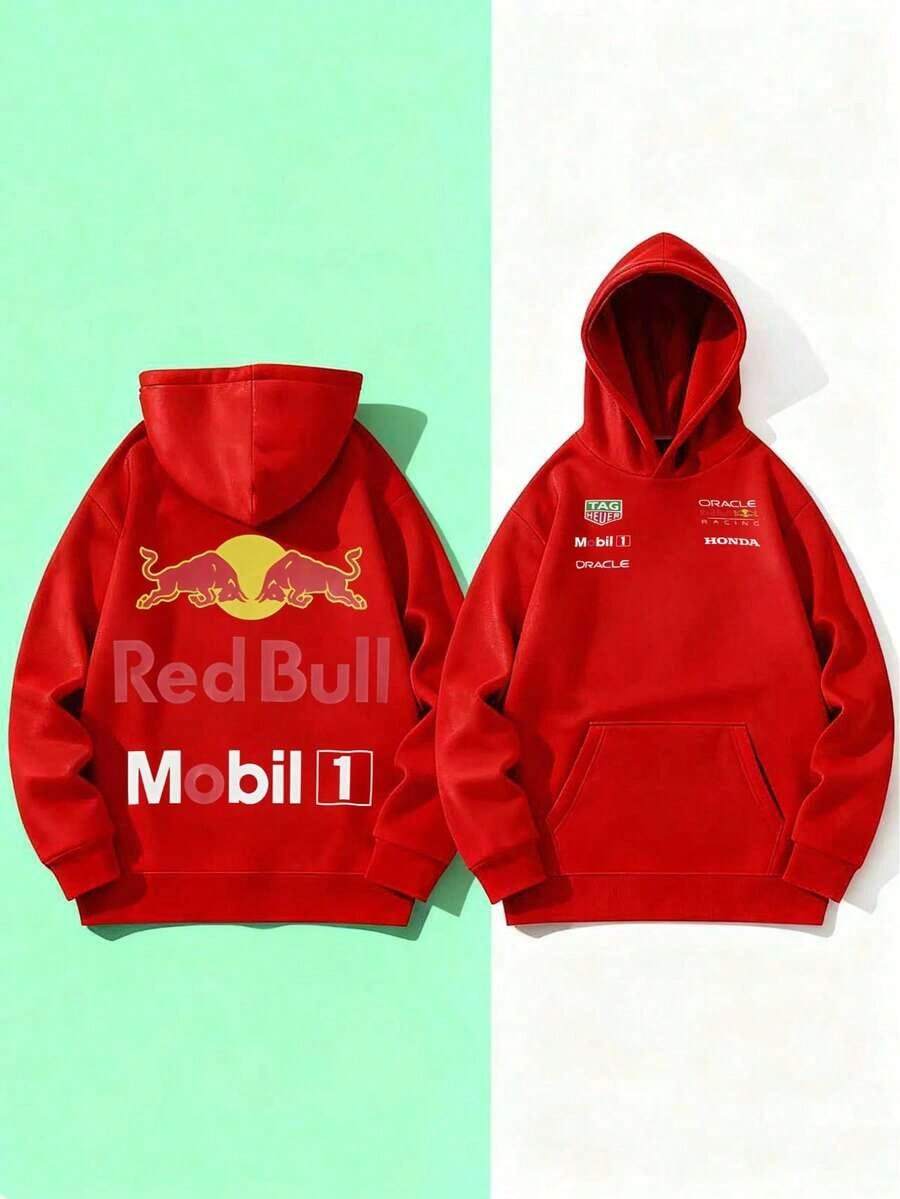 Unisex "Red Bull Racing X Mobil 1" F1 Team Print Hooded Sweatshirt With Pockets - Comfortable And Soft For Autumn/Winter Streetwear2026 - Red - View 1