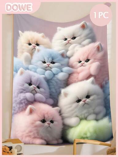 1 pièce Couverture douce et agréable à la peau avec motif de chat mignon, sans peluche, facile d'entretien, convient pour la sieste au bureau, textile minimaliste pour le canapé, la chambre, le salon, le bureau, les voyages, toutes saisons, cadeau de vacances idéal, lavable en machine, impression numérique